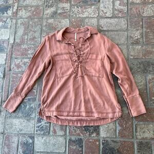 Free People Long Sleeve Mauve Lace Up Blouse Size S